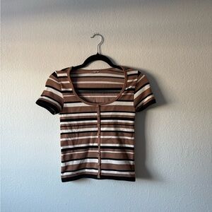 Striped Short Sleeve Top in Brown, black, and Cream